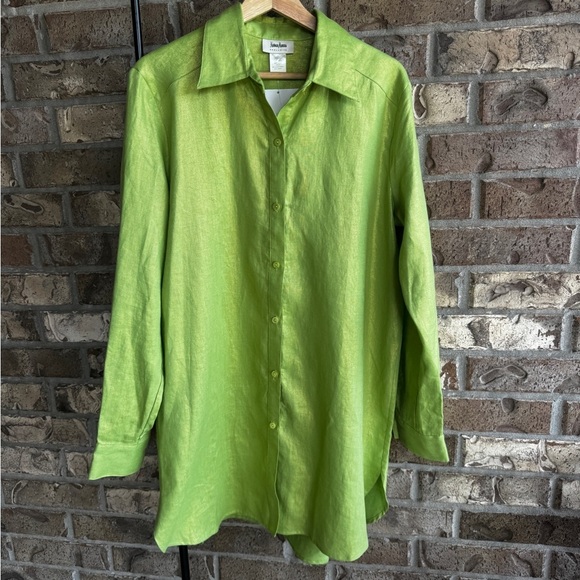 Neiman Marcus Tops - Neiman Marcus Exclusive Size L 100% Linen Green Shimmer Tunic Shirt NWOT